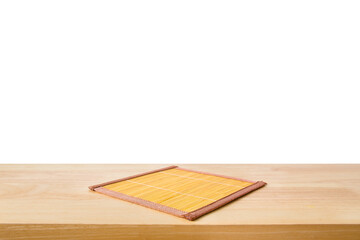 Abstract Natural bamboo mat on wood table isolated on white background : Top view of plank wood for graphic stand product, interior design or montage display your product