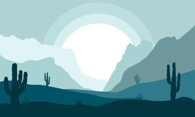 Night desert landscape background. Desert area with sand, mountains and cactuses for landing page.	