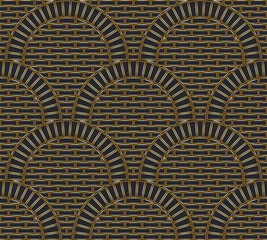 Gold brick wall surface with circular arches. Vector seamless pattern from golden contour tiles. Wallpaper, web page, texture map