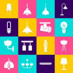 Set Table lamp, Floor, Light bulb, Lamp hanging, LED light, emitting diode and Led track lights and lamps icon. Vector