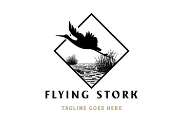 Square Flying Stork Heron Silhouette Bird with Grass River Creek Lake Swamp Logo Design Vector - obrazy, fototapety, plakaty