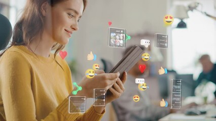 Social Media Visualization Concept: Happy Young Woman Uses Digital Tablet Computer in the Office,  Social Media Posts, Smiley Faces, e-Commerce Online Shopping Digital Icons Flying Around the Device  - Powered by Adobe