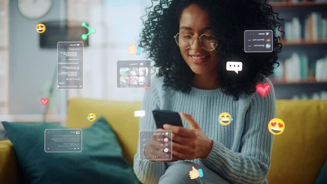 Social Media Visualization Concept: Happy Black Woman Uses Smartphone at Home. 3D Representation of Social Media Posts, Smiley Faces, e-Commerce Online Shopping Digital Icons Flying Around the Device 