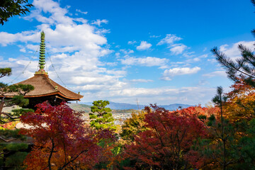 Fototapeta premium 秋の京都・常寂光寺で見た、色鮮やかな紅葉の後ろにある多宝塔と青空に浮かぶ雲
