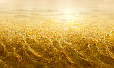 Abstract golden wave splashing on beach. 3D rendering image.