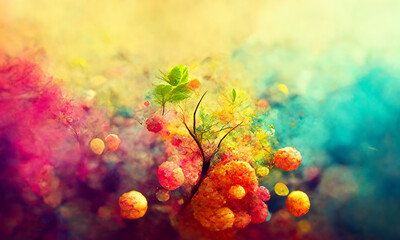 Abstract berry fruits with colorful background. 3D rendering image.