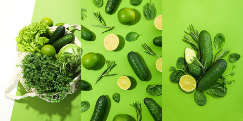 Collage of photos of fresh green food