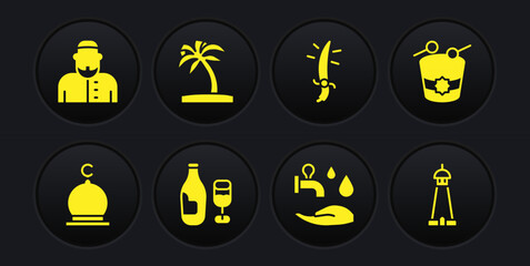 Set Muslim Mosque, Ramadan drum, Wine bottle with glass, Wudhu, Arabian saber, Tropical palm tree, tower or minaret and man icon. Vector