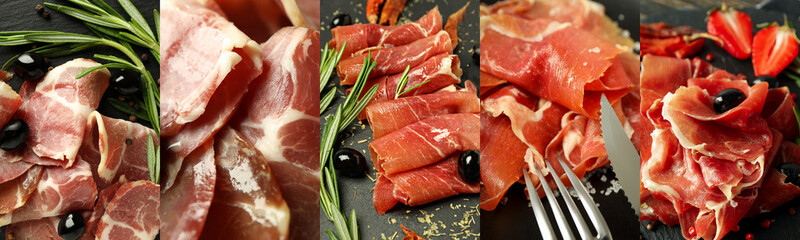 Collage of photos with jamon, close up