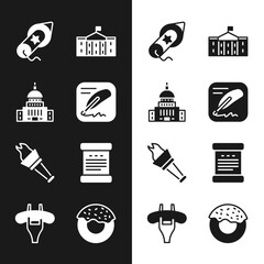 Set Declaration of independence, White House, Firework, United States Capitol Congress, Torch flame, Donut and Sausage the fork icon. Vector