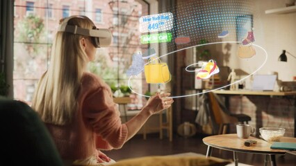 Woman at Home, Using Virtual Reality Headset  for Online Shopping, Browsing through Pictures of Stylish Brand Shoes and Handbags. Scrolling Mock-up Internet Clothing Store App for e-Commerce products