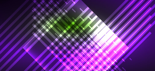 Background wallpaper neon glowing lines and geometric shapes. Dark wallpaper for concept of AI technology, blockchain, communication, 5G, science, business and technology