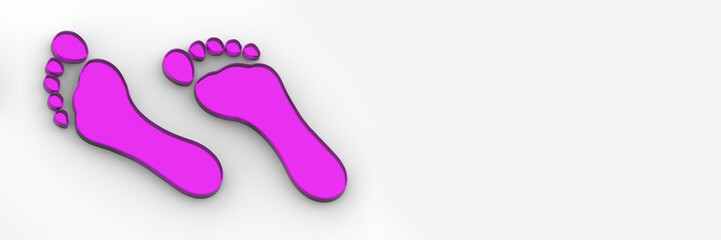 two violet glass bare footprints. bare footprint close up. Banner for insertion into site. Place for text cope space. 3D image. 3D rendering.
