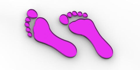 two violet glass bare footprints. bare footprint close up. Banner for insertion into site. Place for text cope space. 3D image. 3D rendering.