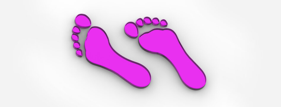 two violet glass bare footprints. bare footprint close up. Banner for insertion into site. Place for text cope space. 3D image. 3D rendering.
