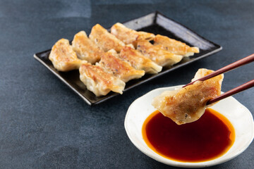 餃子　四角皿盛りと箸持ち　Gyoza served on a square plate with chopsticks