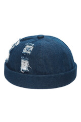 Close-up shot of a blue denim docker cap with a turn up brim. A men's ripped cap without a visor is isolated on a white background. Front view.