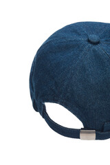 Naklejka premium Close-up shot of a blue denim docker cap with a turn up brim. A men's ripped cap with an adjustable strap fastening is isolated on a white background. Top back view.
