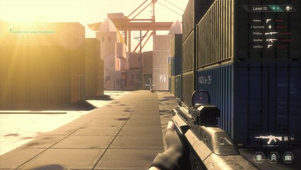 Looped Video Game Mock-up Concept: Game play 3D Shooter Online Multiplayer Battle. Fun FPS for Pro Gamers. POV Person Playing, Shooting Enemies, Scoring Kills. Online Tournament Cyber Championship