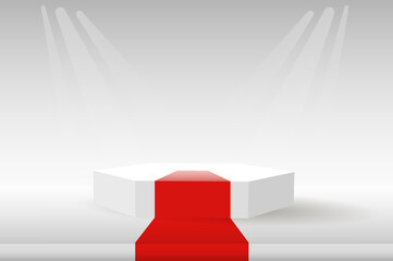 Obraz premium Podium, red carpet and geometric shapes in white tones. An empty space for your design. 3d image.