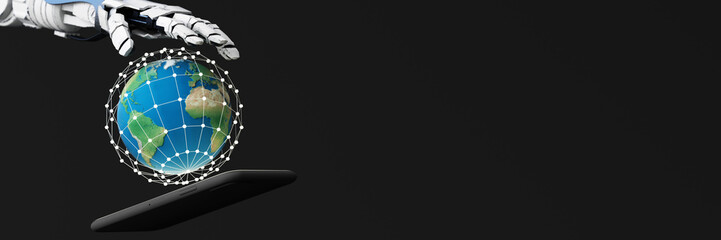 robot hand holding the world or planet earth. Ai or Artificial Intelligence concept. with telephone on blue background. 3d rendering