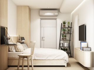 The walls are decorated in white tones with wooden materials, Arc built-in cabinets and wooden arches on parquet floors and sunlight through the windows bedroom and living room apartment 3d rendering