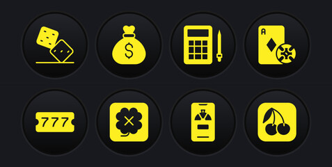 Set Lottery ticket, Casino chip and playing cards, slot machine, Lucky wheel on phone, Bingo, Money bag, Slot with cherry and Game dice icon. Vector