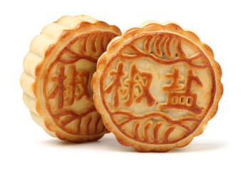 Mid-Autumn Festival moon cake on white background（Non-English texts translation :salt and pepper）