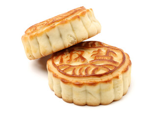 Mid-Autumn Festival moon cake on white background（Non-English texts translation :salt and pepper）