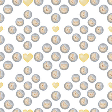 Cats in the bubbles with hearts. White background. Seamless pattern.