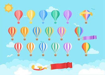 Colorful Creative Balloons Paper Cut and Craft Style Design for Decoration. Travel, Fun and Adventure Concept.  Ribbon, Flag and Speech bubble Place for Text. Fluffy Clouds on Blue Sky Background.