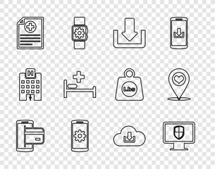 Set line NFC Payment, Monitor and shield, Download, Setting smartphone, Clinical record, Hospital bed, Cloud download and Map pointer with heart icon. Vector