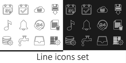 Set line Server setting, Delete file document, Cloud database, Ringing bell, Music note, tone, Calendar, Telephone 24 hours support and with check mark icon. Vector