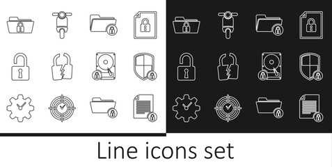 Set line Document and lock, Shield security with, Folder, Broken or cracked, Open padlock, Hard disk drive and Scooter icon. Vector