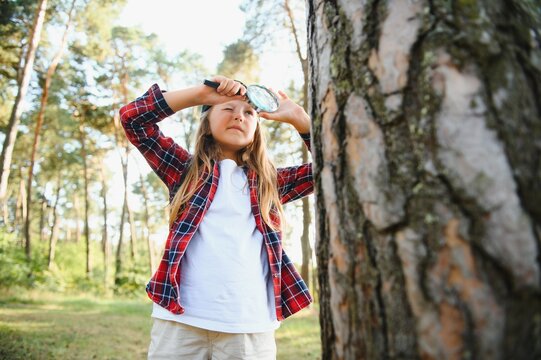 Image of cute kid with magnifying glass exploring the nature outdoors. Adorable little girl playing in the forest with magnifying glass. Curious child looking through magnifier on a sunny day in park.