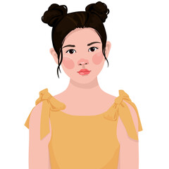 young oriental teen girl. in a yellow sundress with bows. dark hair with hairstyle bunches. Avatar for a social network.  fashion illustration isolated on a transparent background