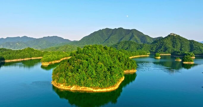 Aerial footage of Thousand Island Lake. Bird View of Freshwater Lake. Hangzhou, Zhejiang Province, China.