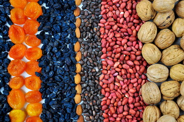 Different nuts and dried fruits. Healthy food.