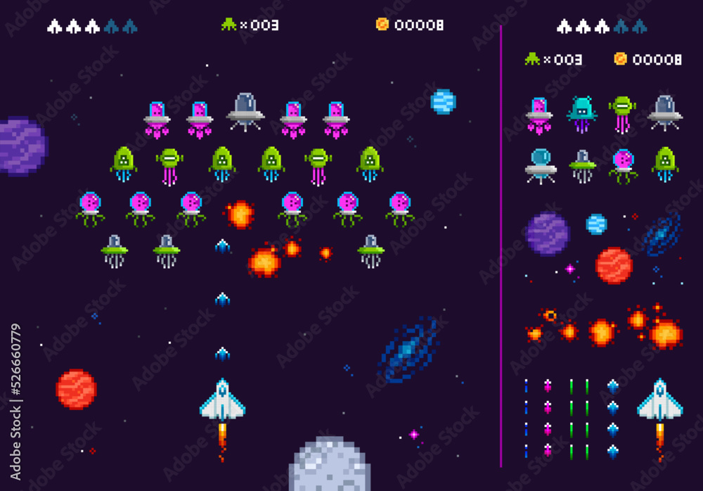 Poster Pixel Art 8 bit arcade video game objects with space ships. 90s retro style 8 bit computer game. Pixelated Space arcade elements template vector illustration