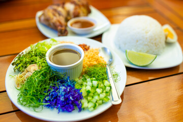 Thai Southern Spicy Rice Salad with Vegetables, Budu Thai southern styled fish sauce.