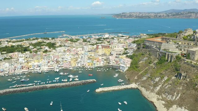Drone Forward Shot Flying Over Procida, Italian Island Destination for Tourists