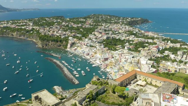 Cinematic Establishing Shot of Procida, a Typical Italian Island Town off the Coast of Naples
