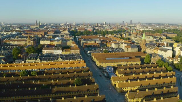 Cinematic Aerial Flight Over Nyboder, Historic Row House District in Copenhagen