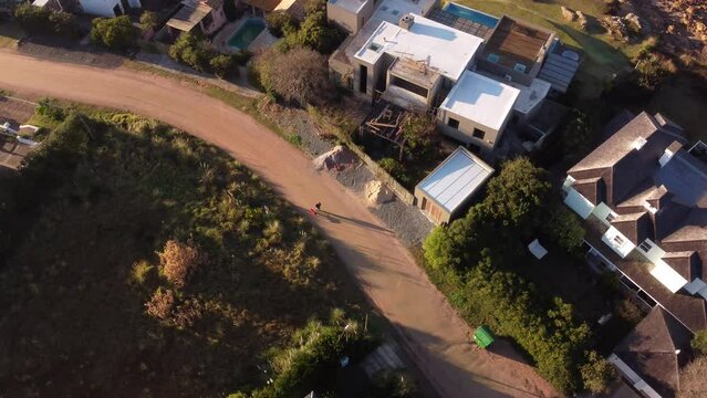 Aerialt opd own shot of woman and dog walking on rural road in Punta del Este at sunset