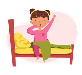 Children's daily routine vector illustration. Cute cheerful girl wakes up morning. Ideal for children's iteams
