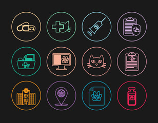 Set line Pets vial medical, Clinical record pet, Syringe with vaccine, on monitor, Medical veterinary folder, Cat and pills, and Veterinary clinic icon. Vector