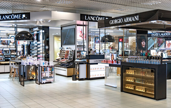 LATVIA, RIGA, JULY, 2022 - Beautiful modern perfume and cosmetic boutique interior with make-up table in Stockmann shopping mall, Riga. Latvia