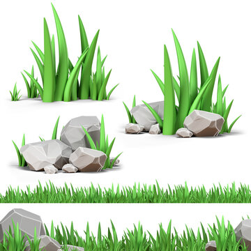 Grass And Rock 3D Render, Green Grass And Rock Isolated Objects For Posters And Advertisement. File Png