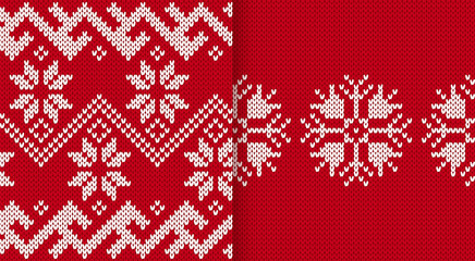 Two knit prints. Christmas seamless pattern. Knitted sweater background. Festive crochet. Xmas winter geometric texture. Holiday fair isle traditional ornament. Wool pullover. Vector illustration.
