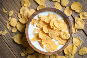 cornflakes bowl breakfast food and snack for healthy food concept, morning breakfast fresh whole grain cereal, cornflakes with milk on table food background